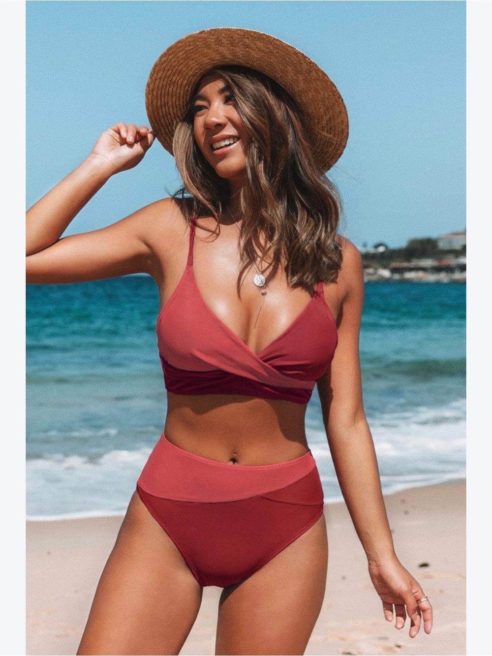 NWT Red Twist Bikini Top & Spliced High Waist Bottoms Set Size L